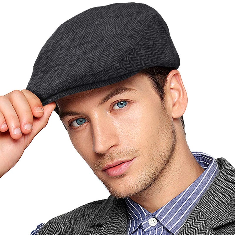 LADYBRO Newsboy Cap for Men - Black Herringbone Tweed Wool Blend Cabbie Newsboy Ivy Hat - Image 1